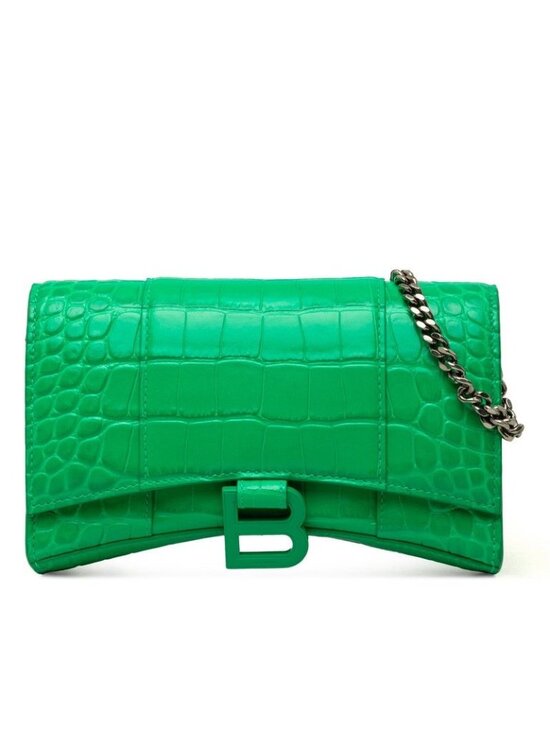 Balenciaga Handbags - Balenciaga Hourglass Croco Embossed Chain Wallet on Shoulder Bag Green Silver